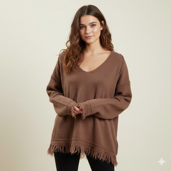 Free People Sweater Women XS Brown LS Irresistible Fringe Trim Slouchy Wool Mix - Picture 16 of 16